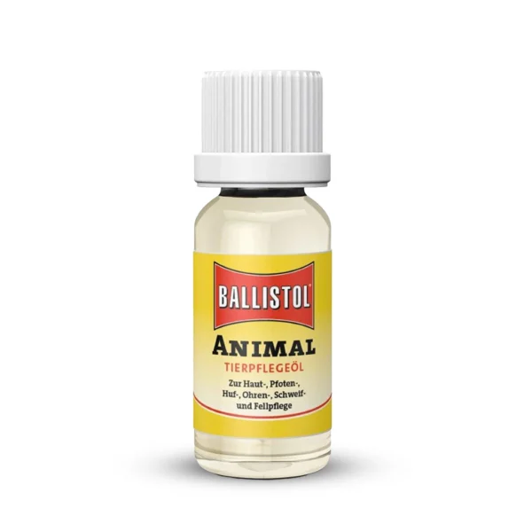 Ballistol Animal Dierverzorgingsolie, dierverzorgingsolie (10 ml) in een fles met witte dop en geel etiket met een paard en hond.