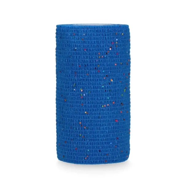 Blauwe zelfklevende bandage met glitters, van Powerflex 10 centimeter. Elastische en ademende verbandrol, ideaal voor ondersteuning en bescherming bij paarden en andere dieren.