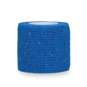 Blauwe zelfklevende bandage met glitters, van Powerflex 5 centimeter. Elastische en ademende verbandrol, ideaal voor ondersteuning en bescherming bij paarden en andere dieren.