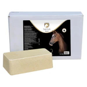 Excellent Liksteen Mineral Paard 3 x 2 kg Excellent Salt Lick Mineral. De afbeelding toont een licht beige liksteen. Het etiket is zwart met gouden accenten en een bruin paard. Inhoud 3 maal 2 kg
