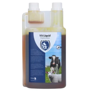Excellent Vit Liquid Multivitamine 1 l Excellent Vit Liquid (vitaminemix) in een transparante doseerfles met twee doppen. Het etiket toont een koe en een schaap in een weiland en bevat informatie over het gebruik als aanvullend diervoeder.