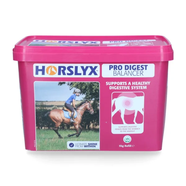 Horslyx pro digest balancer. Ondersteunt een gezond spijsverteringsstelsel, bevordert de spijsvertering van de maag tot darm. 5 kg navulling. De emmer is roze.