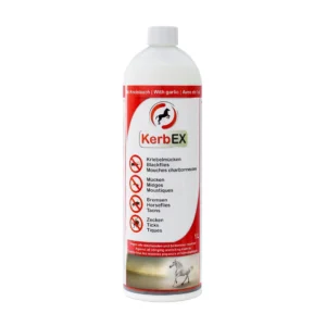 Fles van 1L KerbEX Red insectenafweermiddel voor paarden, met knoflook en langdurige werking.