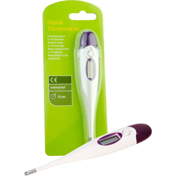 Digitale thermometer los en één in de verpakking. De verpakking is groen en de thermometer water bestendig.