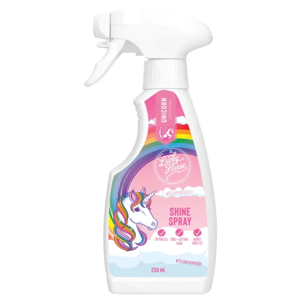 Fles shinespray van het merk Lucky Horse, inhoud 250 milliliter.