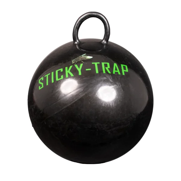 Sticky-trap bal, zwarte bal met handsvat. Groene opdruk sticky-trap en een daas.