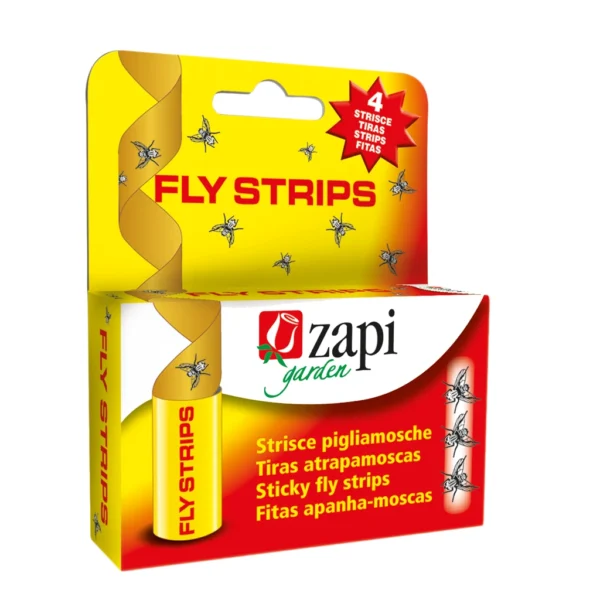 Verpakking van vier vliegenstrips, de kleur is geel met rood. Het merk is Zapi Garden.