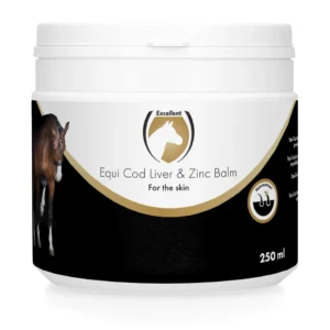 Excellent Horse Equi Cod Liver & Zinc Balm 250 ml Pot Equi Cod Liver & Zinc Balm, 250 ml, met zwart-witte verpakking en gouden accenten, bedoeld voor de huidverzorging van paarden.