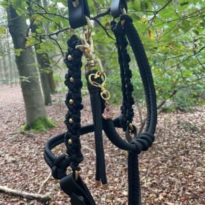 Close-up van een zwart gevlochten halster met gouden accenten, inclusief een sierlijke roze hanger. Het halster hangt aan een boomtak in een bosrijke omgeving, met herfstbladeren op de grond en groene bladeren aan de takken. De details, zoals de goudkleurige sluitingen en kralen, geven een luxueuze uitstraling.