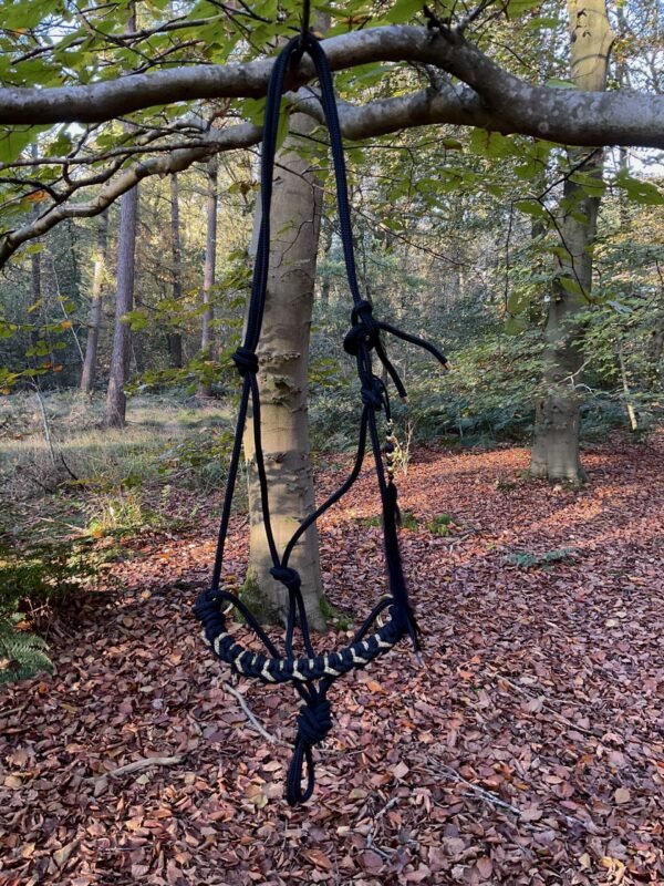 Een zwart touwhalster met gouden gevlochten details, hangend aan de tak van een boom. Het halster is versierd met een veer en goudkleurige accenten. De omgeving is een bos met groen en geel gebladerte, en de grond is bedekt met herfstbladeren.