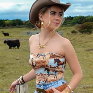 Cowgirl look met western hoed, denim rok en Wild Horse Spirit top – Unique Equestrian Western Fashion collectie.