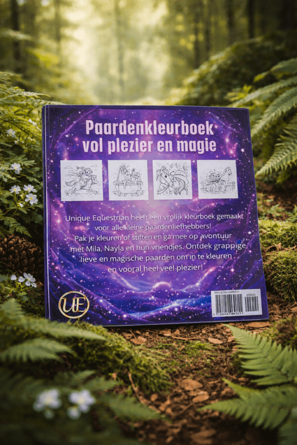Achterkant van paardenkleurboek voor kinderen met voorbeeldillustraties en beschrijving, creatief kleurboek paarden